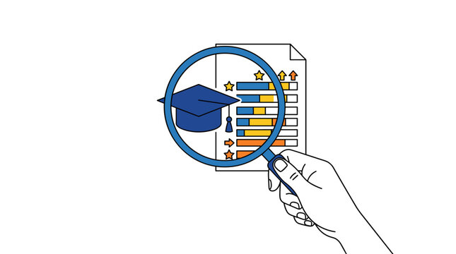 Magnifying glass over graduation cap and progress report chart