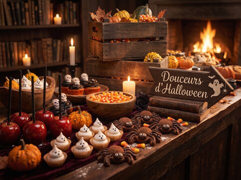 Panneau fl&egrave;che "Douceurs d'Halloween" avec table de friandises, pommes d'amour, cupcakes fant&ocirc;mes et friandises de f&ecirc;te