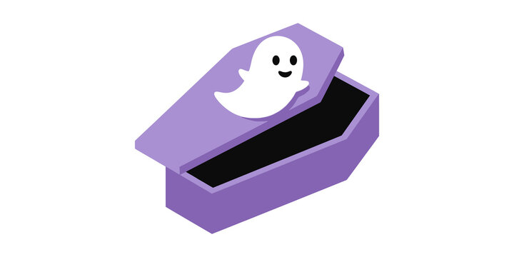 Purple isometric Halloween coffin box with cute ghost graphic design.