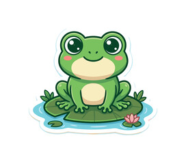 Fototapeta premium Cute cartoon frog sitting on a lily pad with a small pink flower