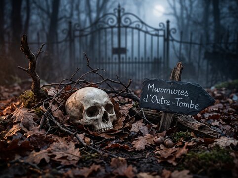 Panneau "Murmures d'Outre-Tombe" avec cr&acirc;ne, feuilles mortes et grille de cimeti&egrave;re dans un bois sombre d'Halloween