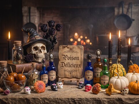 Panneau "Poison D&eacute;licieux" avec flacons de potions, cr&acirc;ne coiff&eacute; d'un chapeau de sorci&egrave;re et citrouilles d'Halloween