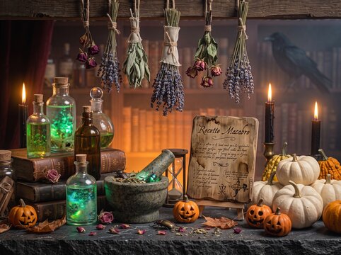 Panneau "Recettes Secr&egrave;tes" avec flacons de potions lumineuses, herbes s&eacute;ch&eacute;es, mortier et citrouilles blanches d'Halloween