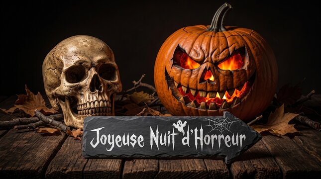 Joyeuse Nuit d'Horreur d'Halloween avec Citrouille et Cr&acirc;ne sur Fond de Bois
