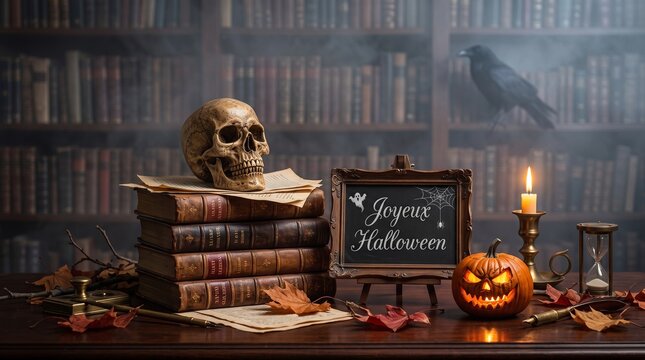 Tableau noir "Joyeux Halloween" avec cr&acirc;ne sur une pile de livres, citrouille sculpt&eacute;e, corbeau et biblioth&egrave;que ancienne