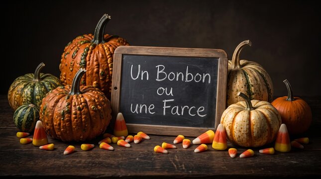 Tableau noir "Un Bonbon ou une Farce" avec citrouilles et bonbons d'Halloween