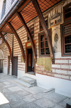 Istanbul,turkey,august 3, 2025. Topkapi palace harem courtyard showing historic ottoman architecture, painted murals, wooden beams, and traditional patterns in istanbul, turkey