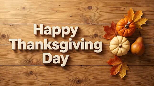 A rustic wooden background featuring festive pumpkins and autumn leaves with the text happy thanksgiving day displayed prominently