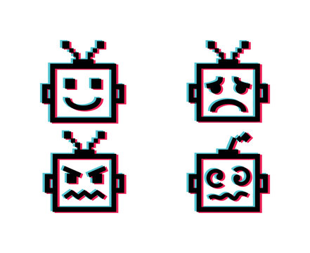 Pixelated robot faces with glitch effect showing different emotions