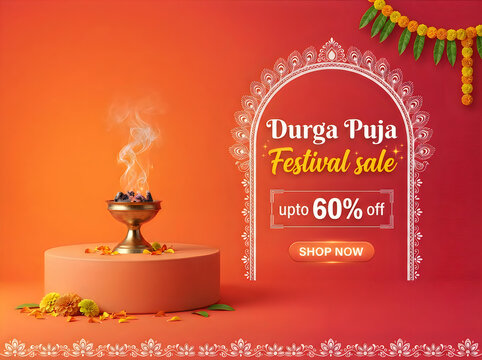 Durga puja festival sale banner with traditional dhunuchi incense burner on a pedestal, marigold flowers, and decorative arch on a vibrant orange and red background