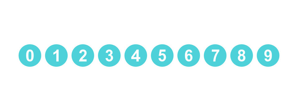 Set of numbers from zero to nine in light blue circular buttons