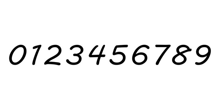Black handwritten numbers from zero to nine in a simple casual font style