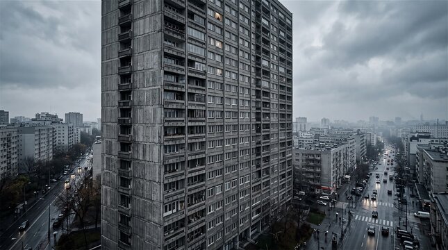 Urban City View, Communist Era Architecture, Cloudy Sky