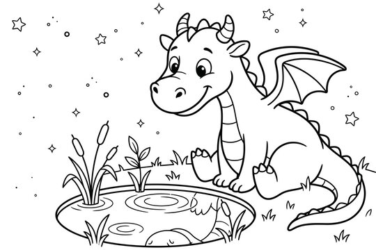 A delightful coloring page featuring a cute baby dragon looking curiously at a small pond with plants