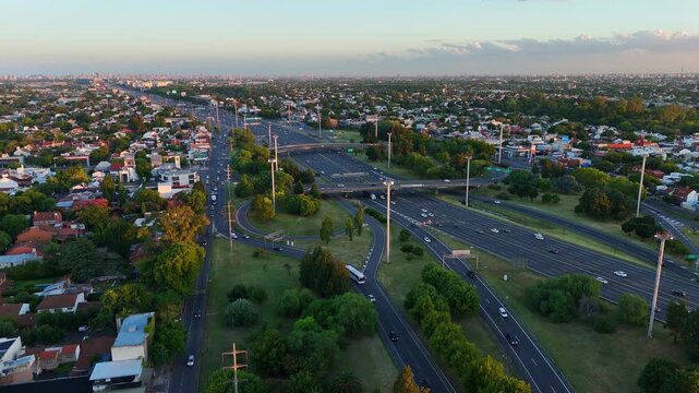 Drone view of Panamericana highway junction and off ramps at sunset