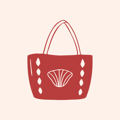 Beach tote bag line art illustration with scallop seashell print, handbag, coastal shopper, summer accessory, hand drawn vector, minimalist style for vacation print card pattern poster banner design © Coxic25