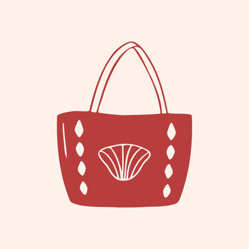 Beach tote bag line art illustration with scallop seashell print, handbag, coastal shopper, summer accessory, hand drawn vector, minimalist style for vacation print card pattern poster banner design