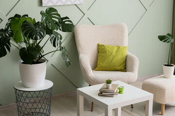 Interior design and home comfort, cozy reading nook with armchair and monstera plant in modern living room with sage green wall and minimalist decor © Pixel-Shot