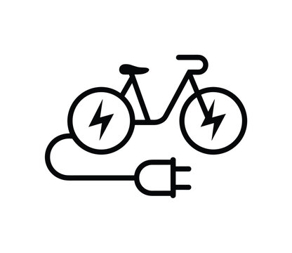 Minimalist flat vector icon representing an electric bicycle with lightning bolt symbols in wheels connected to a power plug for charging
