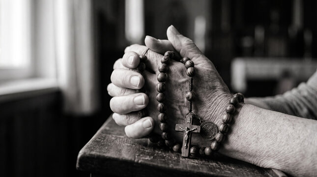 Elderly hands clasped in prayer holding a rosary with a crucifix