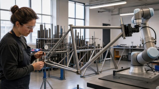 Bicycle technician checks the alignment of an unpainted metal frame