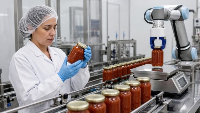 Food quality worker checks a sealed sauce jar while a collaborative