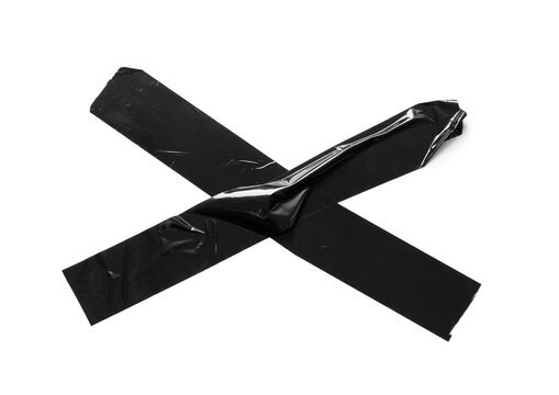 Censorship and denial concept, black duct tape strips arranged in an x shape for rejection or error marking isolated on a white background