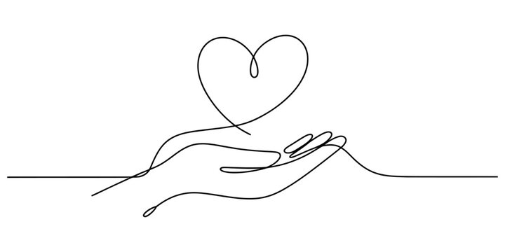 Continuous single line drawing of a human hand holding a heart shape symbol representing love and care isolated on a white background Vector, illustration