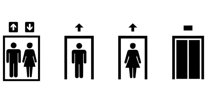 Set of black elevator icons with man and woman silhouettes showing lift directions and door status isolated on a white background Vector, illustration