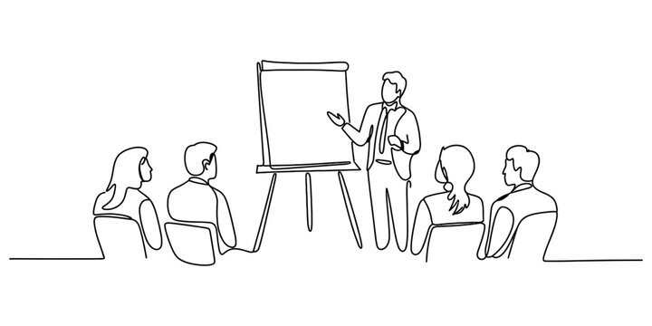 Continuous single line drawing of a businessman giving a presentation to a group of colleagues in a business meeting room Vector, illustration