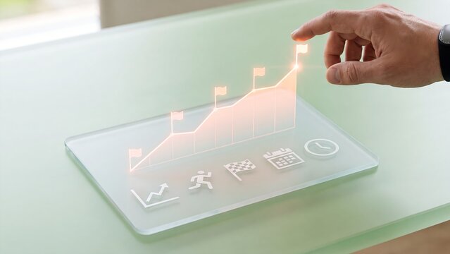 Business growth and performance tracking concept, businessman analyzing progress charts and goal achievement, financial success strategy, data visualization, key performance indicators