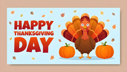 Fototapeta premium Happy thanksgiving day greeting card design with a cute cartoon turkey and orange pumpkins on blue background