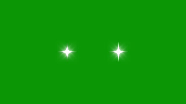 Glowing white star twinkle glitter animation, flat vector cartoon doodle blinking stars, fast light movement, starry sky festive overlay, green screen background 4k video