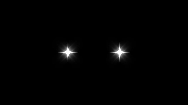 Glowing white star twinkle glitter animation, flat vector cartoon doodle blinking stars, fast light movement, starry sky festive overlay, black screen background 4k video