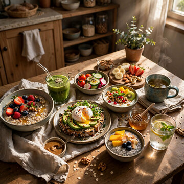 Breakfast food table served on table at home kitchen. healthy 