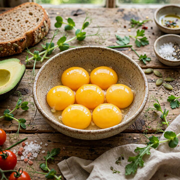 Bowl of raw egg yolks on wood healthy breakfast