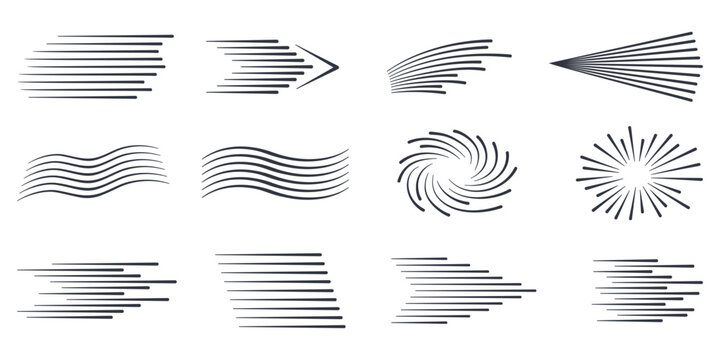 Dynamic speed lines vector collection. Manga and anime motion effects with radial burst, wave and horizontal line patterns. Abstract fast movement, wind, technology and action design elements.