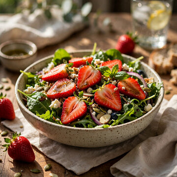 Brunch food Salad topped with strawberries healthy breakfast