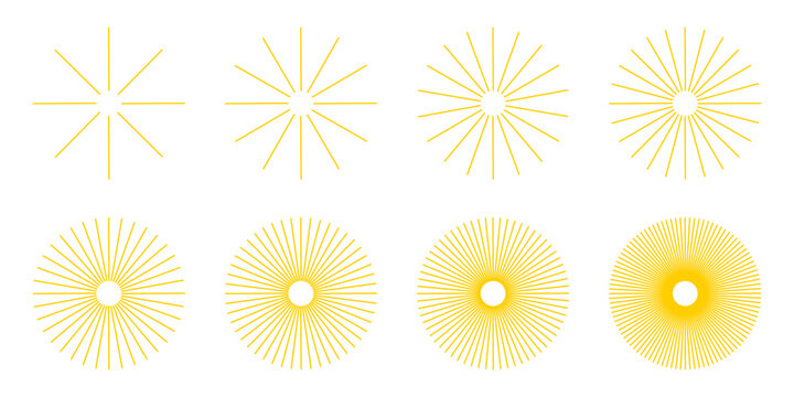 Sunburst vector line set. Editable stroke radial rays with different line density. Abstract sun, starburst and light beam symbols. Circular geometric elements for sunlight retro design and decoration.