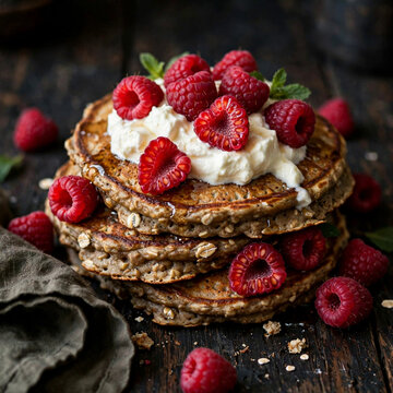 Close-up of rustic homemade pancakes topped with raspberries and cream. Artisanal comfort food styled on dark wooden table. Pancake Stack with Raspberries healthy breakfast