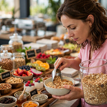 Closeup of a woman in a pink shirt scooping cereal into a bowl at a hotel breakfast buffet with colourful foods Closeup of a woman's hands spooning granola into a bowl at a breakfast buffet counter
