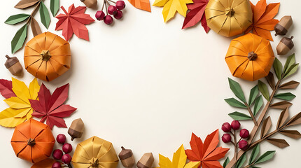 Fototapeta premium Autumn frame with origami pumpkins and colorful paper leaves on white background