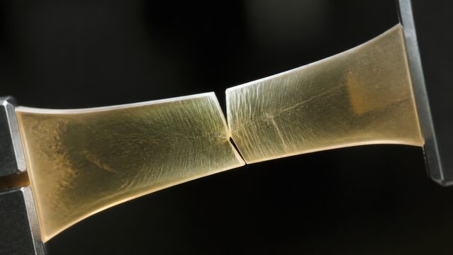A pale amber biopolymer tensile coupon begins to fracture between two