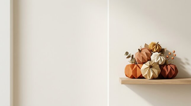 A minimalist arrangement of pumpkins and dried flowers on a wooden shelf for a happy thanksgiving celebration