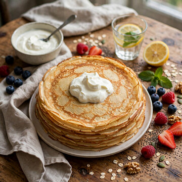 Stack of golden crepes served with sour cream on a wooden table. healthy breakfast
