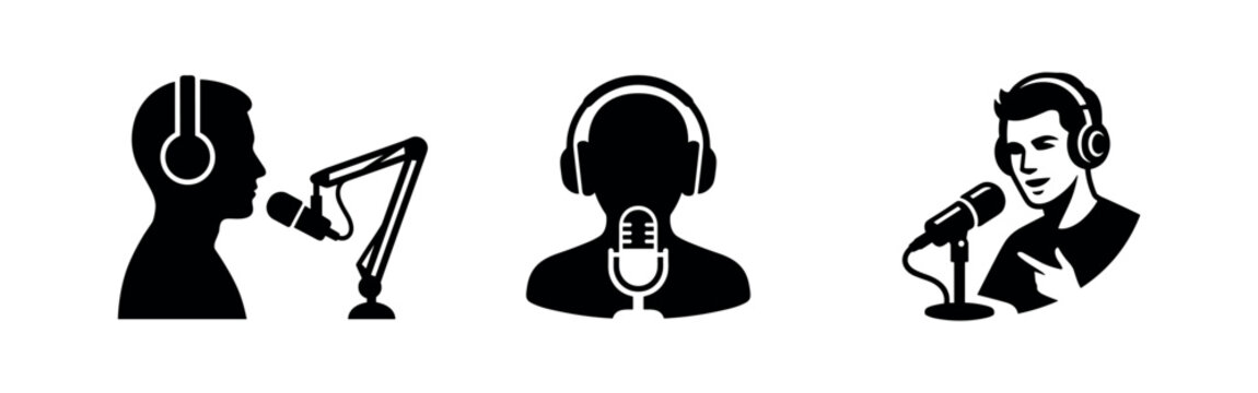 Podcaster and Radio Host Icon Set - Broadcasting and Audio Recording Symbols