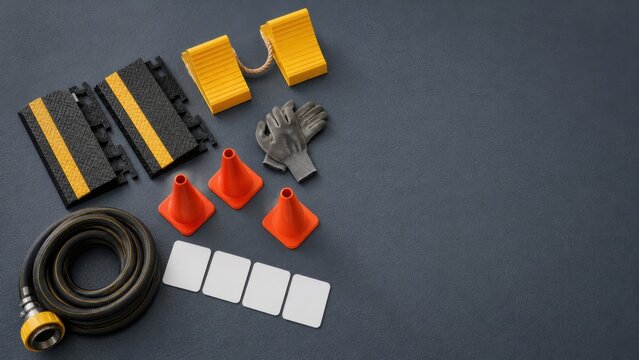 Cable ramps joined chocks gloves safety cones conditioned air hose and
