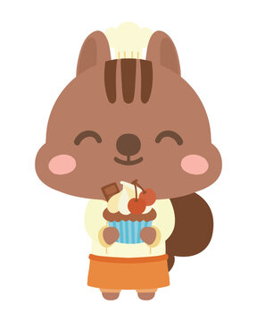 ケーキを持つパティシエりすのイラスト