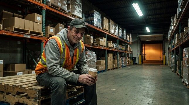 Warehouse worker taking a coffee break while sitting on a wooden pallet in a large distribution center.
