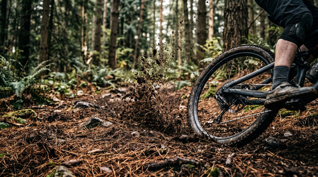Action packed close up of a mountain bike rear wheel skidding aggressively on a forest trail kicking up flying dirt and pine needles representing extreme downhill speed and athletic adrenaline.